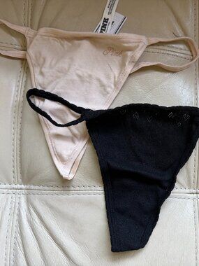 TWO (2) PINK  Victoria's Secret Cotton V-String Panty Black+ Tan NEW with TAGS